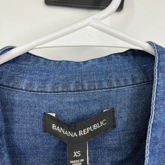 Banana Republic Shirt Blue Denim Tie Neck Button Down Popover Top - Picture 4 of 12